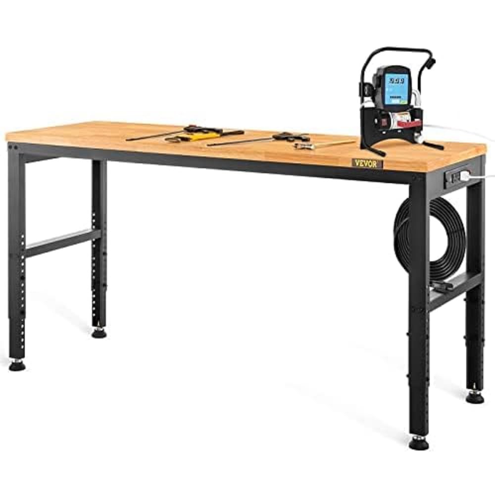 VEVOR Workbenches, 11-Level Adjustable Workbench with 2000 LBS Load Capacity, 48" L X 20" W Work Benches with Power Outlets & Metal Frame & Foot Pads, Hardwood Work Bench for Office Home Garage VEVOR