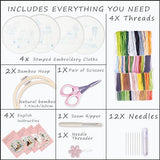 Bonroy 4 Sets Embroidery Set for Beginners, Art Craft, Easy Sewing, Includes Embroidery Clothing, Pattern, Embroidery Hoop, Instruction Manual, Colorful Thread Stitch Set (Cat)