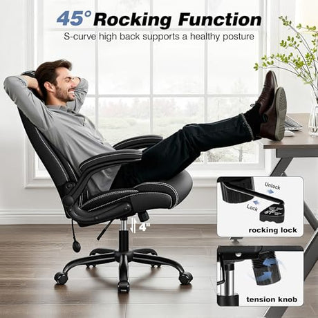 BESTFAIR Ergonomic Office Chair - Desk Computer Chair, Leather High Back Executive Chairs with Adjustable Lumbar Support & Flip Up Arms, Rocking, Black BESTFAIR