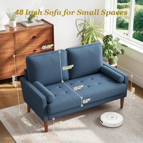 Vesgantti Loveseat Sofa with Solid Wood Legs, 48" Small Couches for Small Spaces, Love Seat for Living Room, Bedroom, Easy Assembly Mid Century Modern Couch with Throw Pillow for Apartment, Blue Vesgantti