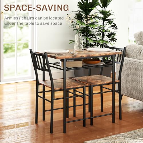 HOMCOM 3-Piece Dining Table Set for 2, Small Kitchen Table and Chairs with Built-in Storage Rack and Steel Frame, for Breakfast Nook and Small Space, Rustic Brown HOMCOM