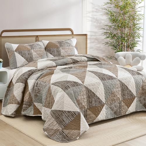 Dintszyayue Quilt Queen Size Brown, 3 Pieces Patchwork Bedspread Bedding for Queen Size Bed, Soft Lightweight Microfiber Geometric Coverlet Set for All Season Quilt with 2 Pillowcases Dintszyayue