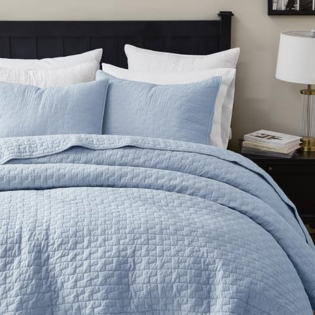 palassio Baby Blue 100% Cotton Quilt King Size Bedding Sets with 2 Pillow Shams, Textured Lightweight Soft Bedspread Shabby Chic Coverlet, Neutral Quilted Comforter Bed Cover for All Season, 3 Pieces palassio