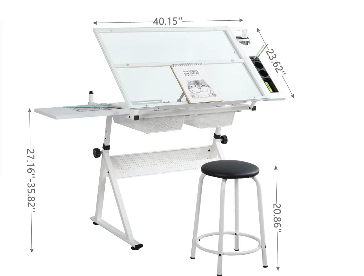ALYIAMXL Drafting Table w/Stool, Painting Table Art Craft Desk Crafting Table with Tilting Tempered Glass Top, 2 Storage Drawers, Height Adjustable (White) ALYIAMXL