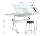ALYIAMXL Drafting Table w/Stool, Painting Table Art Craft Desk Crafting Table with Tilting Tempered Glass Top, 2 Storage Drawers, Height Adjustable (White) ALYIAMXL