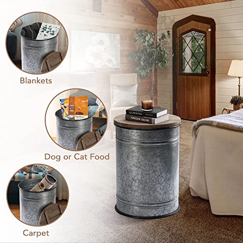 Rustic Storage Ottoman Seat Stool, Farmhouse Accent Side Table, Antique Galvanized Metal End Table Box Bin with Round Wooden Lid Set of 2 (Galvanized) Rustee