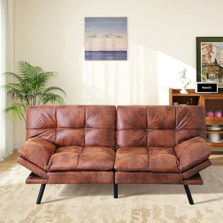 MUUEGM Brown Futon Sofa Bed Leather Memory Foam Modern Office Couch Sleeper Bed Convertible Love seat Sofa for Small Spaces,Apartment,Office with Adjustable Armrest Backrest MUUEGM
