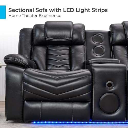 Comfort Stretch Power Recliner Sectional Sofa Couches with Bass Speakers for Living Room, Faux Leather Reclining Corner Sectionals Sofa Couch Sets with LED Light, Electric Theater Recliners Home,Black