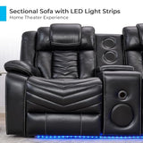 Comfort Stretch Power Recliner Sectional Sofa Couches with Bass Speakers for Living Room, Faux Leather Reclining Corner Sectionals Sofa Couch Sets with LED Light, Electric Theater Recliners Home,Black