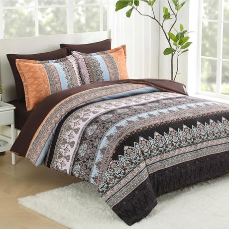 LXWORX Boho Comforter Set Queen - 7 Pieces Bed in a Bag, Bohemian Striped Comforter Set with Sheets, Soft Microfiber Brown Floral Bedding Set for All Season (Brown, Queen) LXWORX