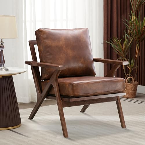 Bonzy Home Faux Leather Accent Chair for Living Room,Upholstered Armchair with Cushions and Solid Wood Frame, Mid-Century Modern Lounge Chair for Bedroom or Office Bonzy Home