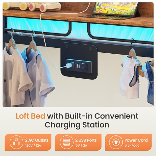 Itaar Metal Bunk Bed Full Over Full with Hall Tree, Power Outlet, LED Bunk Bed with 6 Storage Drawers, Bed with 13‘’ Safety Guardrail & Ladders for Kids and Teen, 400lb Weight Capacity, Rustic Brown Itaar