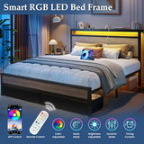 Fluest Queen Bed Frame,Queen Bed Frame with Storage Headboard & 2 Storage Drawer, Charging Station & LED Light, No Box Spring Needed, Noise Free, Easy Assembly, Rustic Grey Fluest