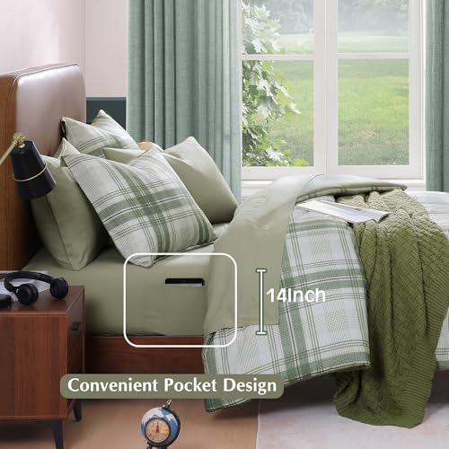 AMBERSPACE Full Size Comforter Sets, Green Plaid Bedding Set 7 Piece for Boys Girls Teen, Classic Homestead-Style Kids Comforter Set Bed in A Bag with Sheets, Pillowcases & Shams AMBERSPACE