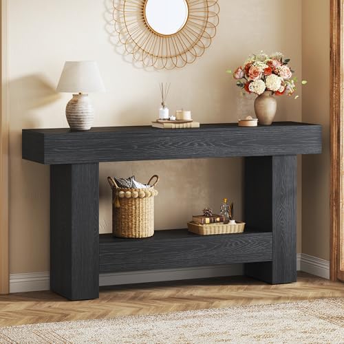 HUAHUU 63 Inches Long Console Table, Sofa Table with Storage Behind Couch, Entryway Table with Open Storage, Farmhouse Console Tables for Entryway, Living Room, Hallway, Black HUAHUU