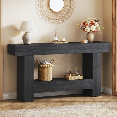 HUAHUU 63 Inches Long Console Table, Sofa Table with Storage Behind Couch, Entryway Table with Open Storage, Farmhouse Console Tables for Entryway, Living Room, Hallway, Black HUAHUU