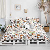 BlueBlue Safari Kids Duvet Cover Set Queen, 100% Cotton Bedding for Boys Girls Teens Lion Elephant Rhino Giraffe Zebra Zoo Print on White, 1 Full Soft Comforter Cover 2 Pillow Shams BlueBlue