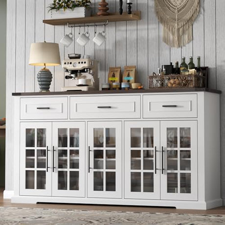 Gyfimoie 63" Sideboard Buffet Cabinet with Glass Doors, Farmhouse Large Buffet Table with 3 Storage Drawers, Modern Coffee Bar Wine Bar Cabinet with Adjustable Shelves for Kitchen, Dining Room, White Gyfimoie