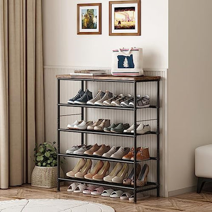 INGIORDAR Shoe Rack Organizer 5 Tier Metal Organizer Shelf with Industrial MDF Board and Layer Fabric for Entryway Closet Bedroom Living Room Garage,Black & Rustic Brown - WoodArtSupply