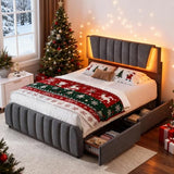Decofy Queen Size LED Platform Bed Frame with Soft-Glow Mood Lighting & Adjustable Upholstered Headboard, Modern Linen Bed with Storage Drawers, Heavy Duty Metal Support, No Box Spring Needed, Grey Decofy
