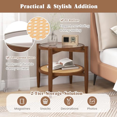 Giantex Rattan Round End Table, Walnut Boho Nightstand with Tempered Glass Top and Acacia Wood Legs, 2-Tier Side Table with Storage, Bedside Tables for Small Spaces Living Room Bedroom Giantex
