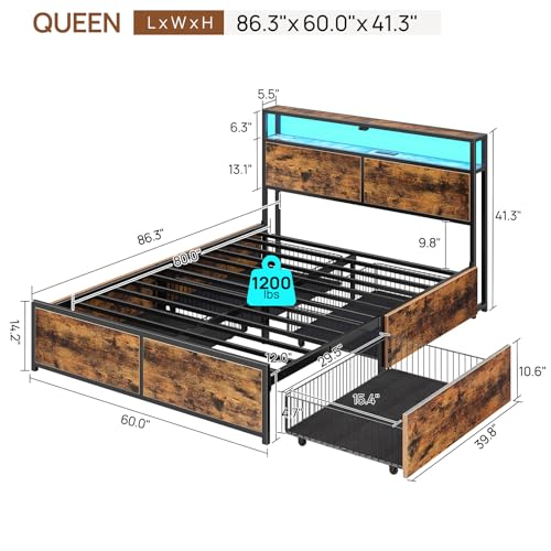 Rolanstar Queen Bed Frame with 4 Storage Drawers, Charging Station and LED Lights, Metal Platform Bed with 2-Tier Storage Headboard, No Box Spring Needed, Easy Assembly, Noise-Free, Rustic Brown Rolanstar