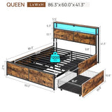 Rolanstar Queen Bed Frame with 4 Storage Drawers, Charging Station and LED Lights, Metal Platform Bed with 2-Tier Storage Headboard, No Box Spring Needed, Easy Assembly, Noise-Free, Rustic Brown Rolanstar