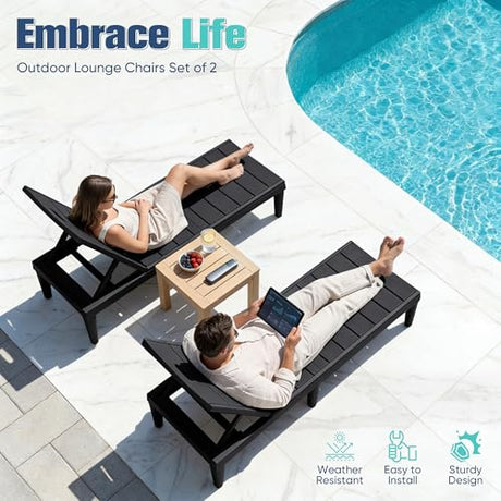 Devoko Outdoor Chaise Lounge Chair Set of 2 with 5-Position Adjustable Back, Waterproof & Lightweight PP Lounge Chairs for Outside Pool Patio (Black) Devoko