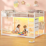 UPOSOJA Bunk Bed Twin Over Twin Bed Frame with LED Lights, Metal Bunk Bed with 13" Guardrail & 3-Step Ladder, Space Saving for Kids and Teen, White UPOSOJA