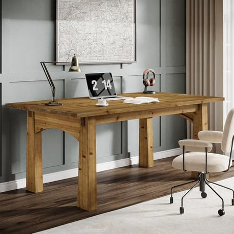 TRIBEWOOD Solid Wood Executive Desk, 63-Inch Computer Desk with Sturdy Wooden Legs, Farmhouse Workstations Writing Table Conference Table Business Furniture for Home Office TRIBEWOOD
