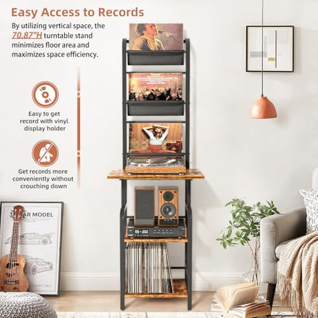 Record Player Stand with Vinyl Storage, Record Player Table with Vinyl Record Storage up to 250 Albums, Turntable Stand with Record Holder Display Shelf, Record Player Cabinet Organizer Rack Tewinko