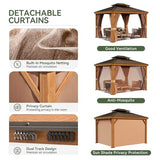 Aoxun 10' x 12' Hardtop Gazebo, Wooden Finish Coated Aluminum Frame Canopy, Galvanized Steel Double Top, Outdoor Permanent Metal Pavilion with Curtains and Netting, for Backyard, Patio and Deck Aoxun