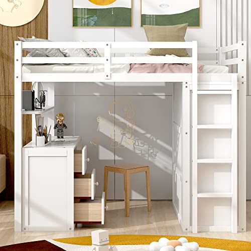 Harper & Bright Designs Twin Loft Bed with Desk and Wardrobe, Solid Wood Loft Bed Frame with Storage Drawers, for Kids Teens Adults (Twin Size, White) Harper & Bright Designs