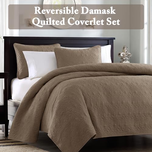 Madison Park Quebec Quilt Set - Luxurious Damask Stitching Design, Cotton Filled Lightweight Coverlet Bedspread Bedding, Shams, Full/Queen(90"x90"), Mocha 3 Piece Madison Park