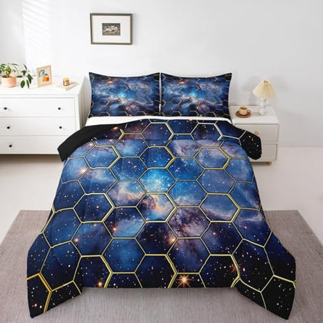 Abstract Honeycomb Kids Comforter Set Twin Size,Glitter Stars Galaxy Outer Space Bedding Set,Boys Girls Room Decor,Geometric Minimalist Hexagon Down Comforter,Blue Duvet Insert,1 Pillowcase Manfei