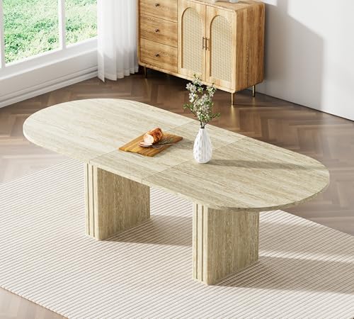 Pvillez Extendable Dining Table Set of 6, Oval Dining Room Table & 6 Gray Velvet Dining Chairs with Wood Leg, 62.99"-78.74" Kitchen Table and Chairs Set, Modern 7 Piece Dining Set Pvillez