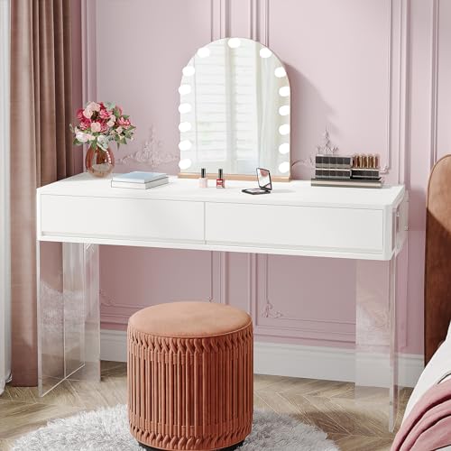 Tribesigns Computer Desk with 2 Drawers, Home Office Desk with Acrylic Legs, Modern White Desk with Storage, Makeup Vanity Desk for Bedroom Tribesigns