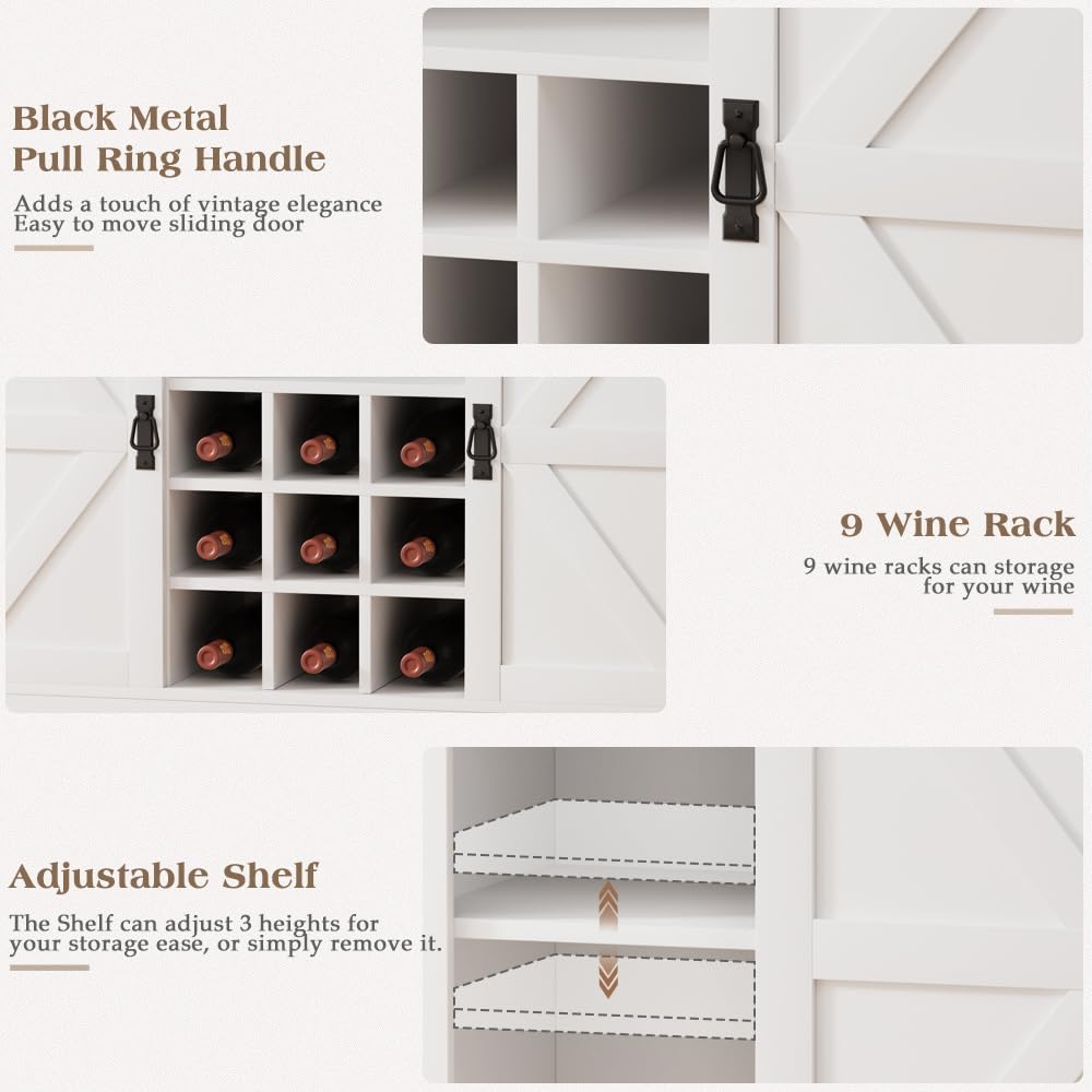 SYESWAY 47" Farmhouse Coffee Bar Cabinet with Sliding Barn Doors, Wine Rack & Hooks in White SYESWAY