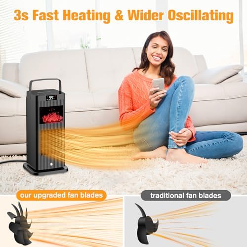 2024 Upgraded Space Heater,Mini Portable with Infrared Sensor & Fireplace Flame Effect,1500W Oscillating Electric Ceramic Room Heater,Fast Heating for Indoor Use,Bedroom,Office Room,Desk,Garage