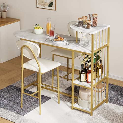 Garvee Dining Table Set for 2, 3-Piece Expandable Bar Table and Chairs Set, with Storage Shelves and Wine Rack, Small Kitchen Dining Set for Living Room, Apartment Garvee