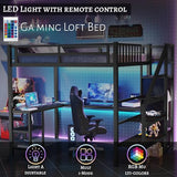 Full Size Loft Bed with Desk and Stairs Metal Full Loft Bed with Storage Wardrobe and Charging Station Adult Loft Bed with LED Lights and Adjustable Shelf for Kids Teens, Black Mirightone