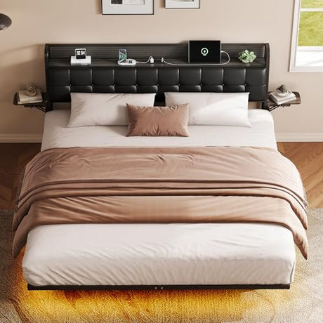 Salamir Twin Floating Bed Frame with LED & Charging Station, Ergonomic Upholstered Headboard with Folding Shelves Storage, Metal Slats, No Box Spring Needed, Easy Assembly, Noise-Free, Black Leather Salamir
