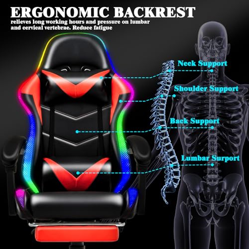 Czlolo Gaming Chair, Racing Style RGB LED Lights Gaming Chairs for Adults and Kids, Lumbar Massager Gamer Chair, High Back Reclining Computer Chair with Footrest and Headrest (Black/Red) Czlolo