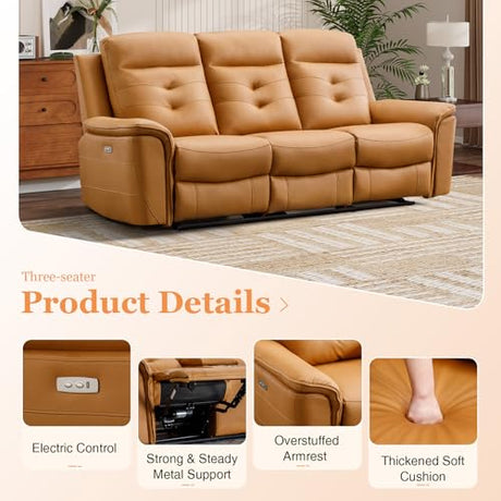 EBELLO Power Recliner Sofa Couch, Breathable Faux Leather Reclining Couches with USB Charging Port, Overstuffed Armrest and Backrest, 3-Seater Electric Recliner Sofa for Living Room, Brown EBELLO