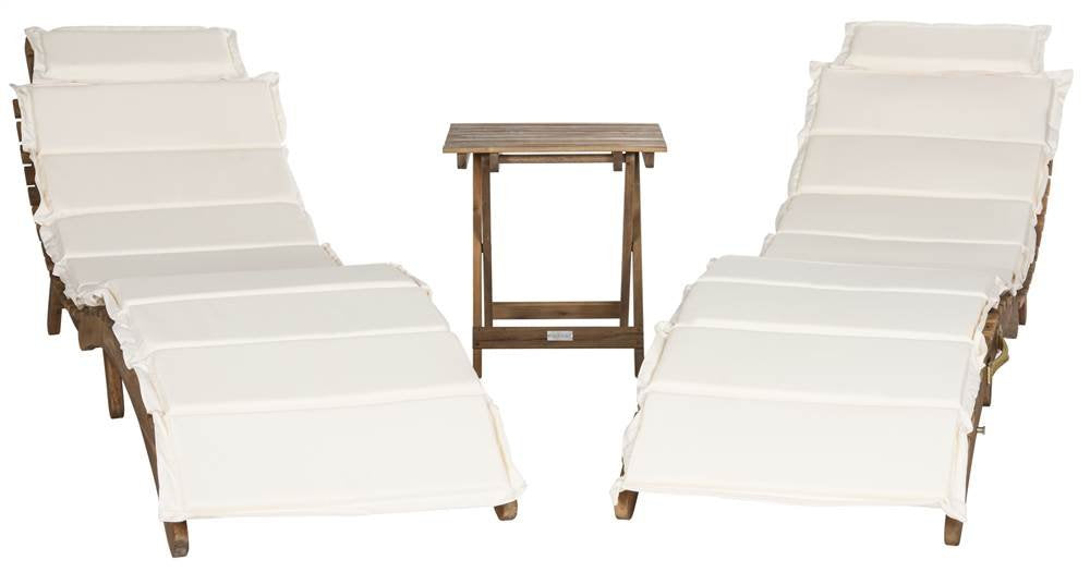 SAFAVIEH Outdoor Collection Pacifica Natural Brown Solid Wood/Beige Cushion 3-Piece Chaise Lounge Set with Table (PAT7020B) Safavieh