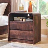 Aitjunz 25" Tall Modern Nightstand with Charging Station, 23.6'' Wide Wood Bedside Table w/2 Storage Drawers, Large Mid Century End Table for Bedroom, Living Room, Curved Profile Design, Brown Aitjunz