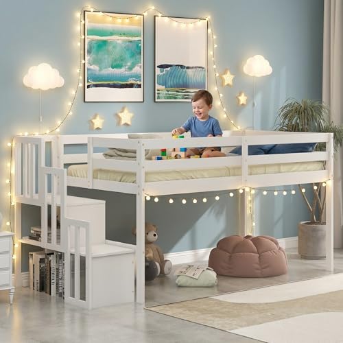 MoproBeti Low Loft Bed with Stairs, Wood Twin Size Kids Loft Bed with Guard Rails,Junior Low Loft Beds with Under-Bed Storage for Small Room/Low Ceiling Bedroom,White MoproBeti