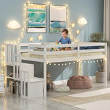 MoproBeti Low Loft Bed with Stairs, Wood Twin Size Kids Loft Bed with Guard Rails,Junior Low Loft Beds with Under-Bed Storage for Small Room/Low Ceiling Bedroom,White MoproBeti