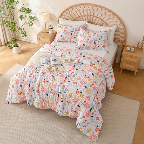 Yibeizi Floral Comforter Set for Girls Twin, Kids Cute Printed Bedding Set with Pillow Sham, Lightweight Soft Breathable Machine Washable Quilted Bed Comforter Set 2 Piece Yibeizi