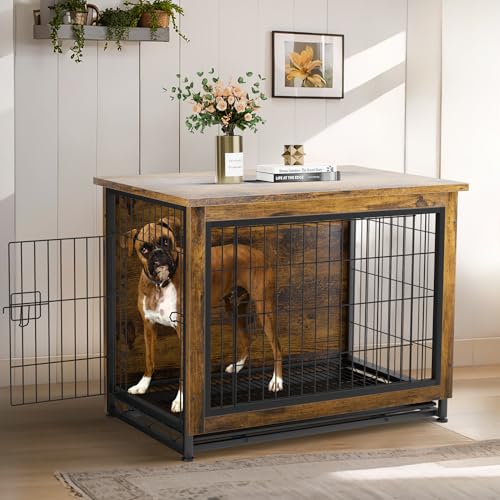 JY QAQA Dog Crate Furniture, Wooden Dog Crate Table, Dog's Furniture with Double-Doors, Indoor Dog Kennel, Dog Cage/Brown/XL JY QAQA PET